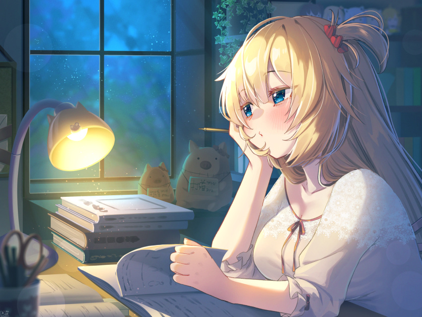 1girl akai_haato bangs blonde_hair blue_eyes blush book breasts commentary_request desk desk_lamp eyebrows_visible_through_hair hair_ornament hand_on_own_cheek hand_on_own_face head_rest heart heart_hair_ornament highres holding holding_pencil hololive indoors lace-trimmed_shirt lace_trim lamp large_breasts long_hair long_sleeves looking_away magowasabi night one_side_up open_book parted_lips pencil shirt sidelocks signature solo studying translation_request twitter_username virtual_youtuber white_shirt window