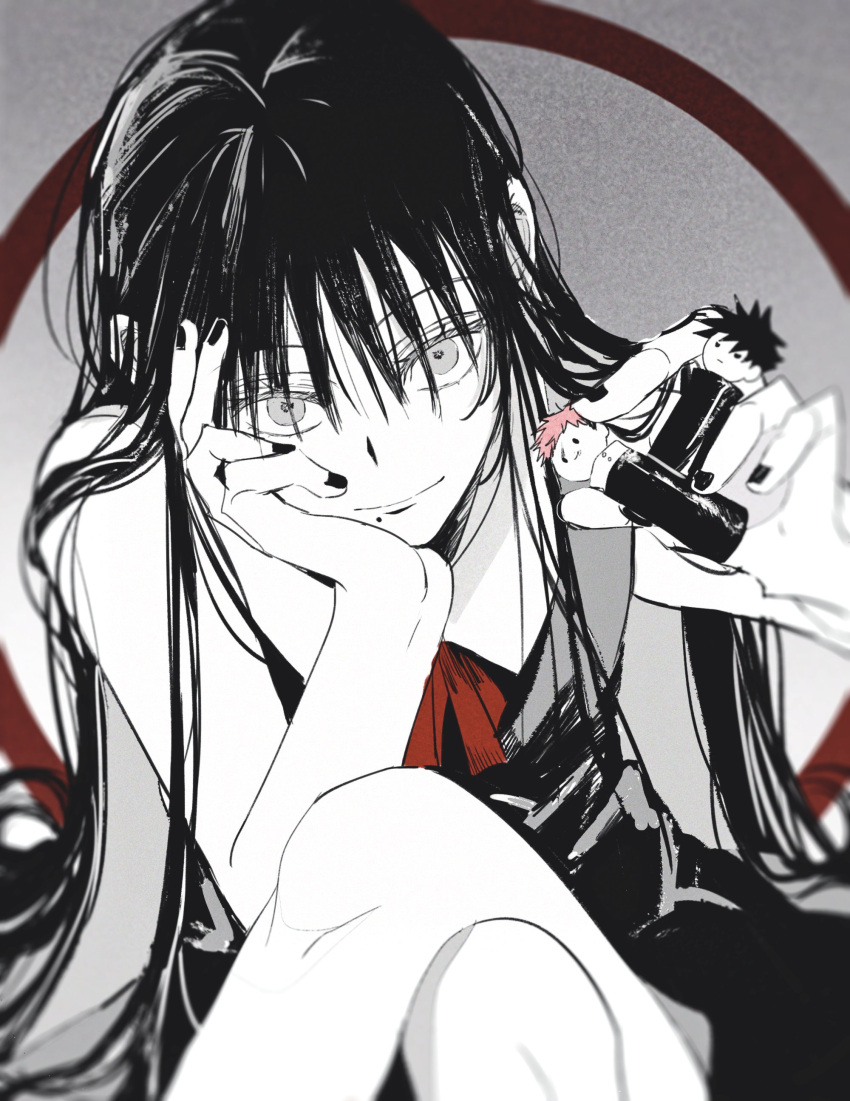 1girl absurdres bangs closed_mouth cowboy_shot crossed_legs dmsco1803 dress fushiguro_megumi greyscale hair_between_eyes head_rest highres holding itadori_yuuji jujutsu_kaisen long_hair looking_at_viewer mole mole_under_mouth monochrome neck_ribbon orimoto_rika red_ribbon ribbon sitting sleeveless sleeveless_dress smile solo spot_color toy