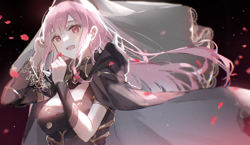 1girl bangs black_cloak black_dress bracelet breasts cloak detached_sleeves dress floating_hair hand_in_hair highres holding holding_petal hololive hololive_english jewelry large_breasts long_hair mori_calliope open_mouth oyuyu petals pink_eyes pink_hair single_detached_sleeve solo upper_body veil virtual_youtuber