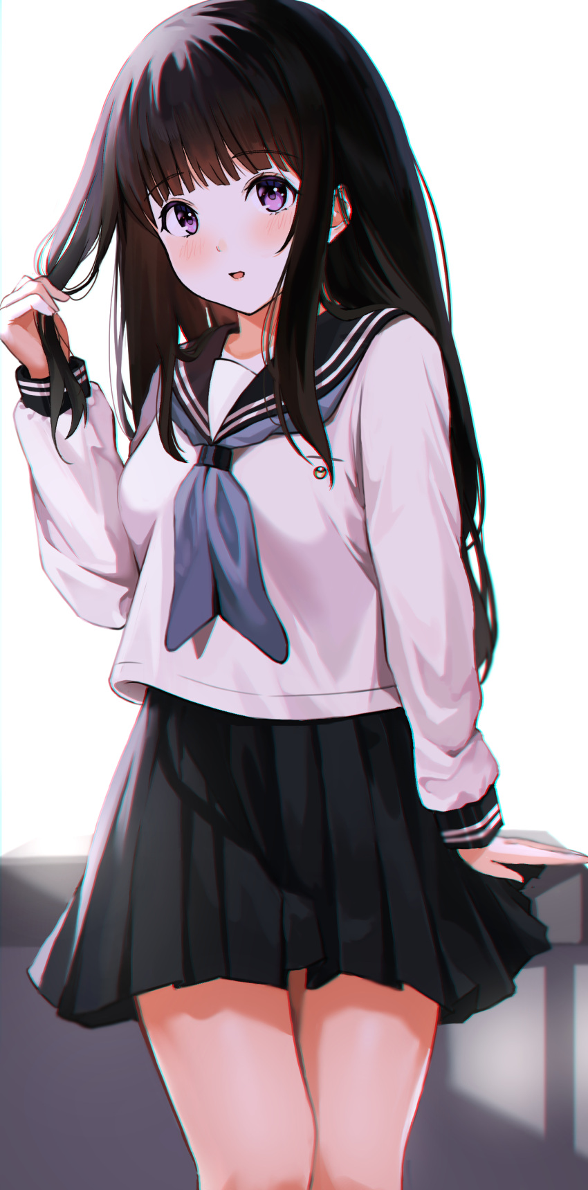 1girl :d absurdres bangs black_hair black_sailor_collar black_skirt blue_neckwear blunt_bangs blush breasts chitanda_eru cowboy_shot desk eyebrows_visible_through_hair harui_(huruyi_817) highres holding holding_hair hyouka kamiyama_high_school_uniform legs_together long_hair long_sleeves looking_at_viewer medium_breasts on_desk open_mouth pleated_skirt sailor_collar school_uniform serafuku shirt sidelocks simple_background sitting sitting_on_desk skirt sleeve_cuffs smile solo thigh_gap violet_eyes white_background white_shirt