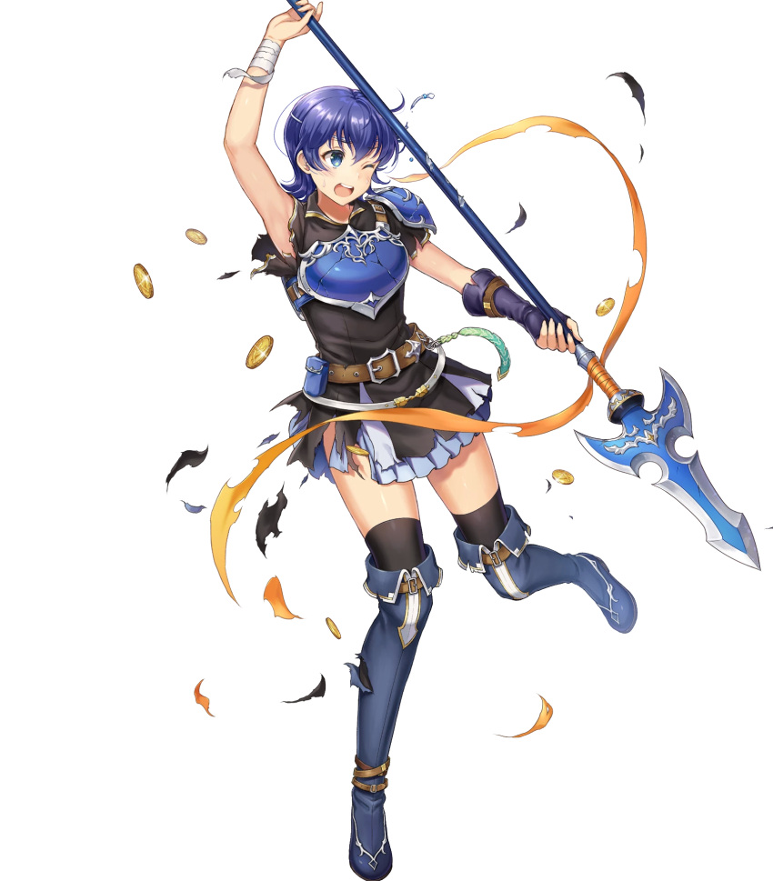 1girl arm_up armor armored_dress bandaged_arm bandages bangs belt black_legwear black_thighhighs blue_eyes blue_hair boots breastplate coin dress farina_(fire_emblem) female fingerless_gloves fire_emblem fire_emblem:_the_blazing_blade fire_emblem_heroes full_body gloves highres holding holding_spear holding_weapon looking_away looking_to_the_side official_art one_eye_closed open_mouth polearm short_dress short_hair short_sleeves shoulder_armor shoulder_pads simple_background single_fingerless_glove single_glove solo spear sweatdrop thigh-highs thigh_boots thighhighs thighhighs_under_boots transparent_background upper_teeth wince zettai_ryouiki