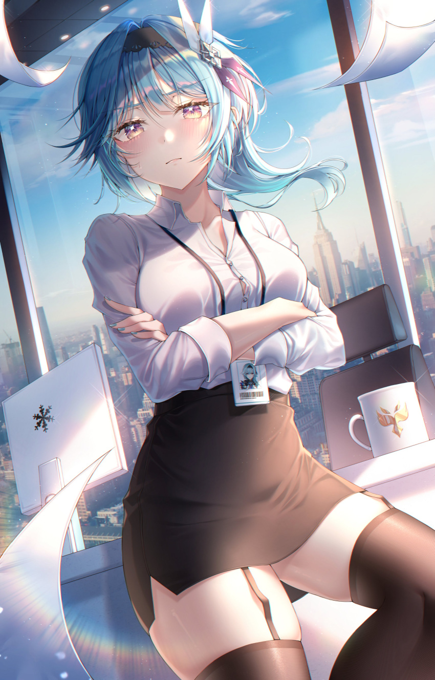 1girl absurdres bangs blue_hair blush breasts commentary_request crossed_arms eula_(genshin_impact) eyebrows_visible_through_hair genshin_impact hair_between_eyes hair_ornament hairband highres id_card lisa_78 looking_at_viewer office_lady paper shirt side_ponytail skirt sky thigh-highs thighs white_shirt yellow_eyes