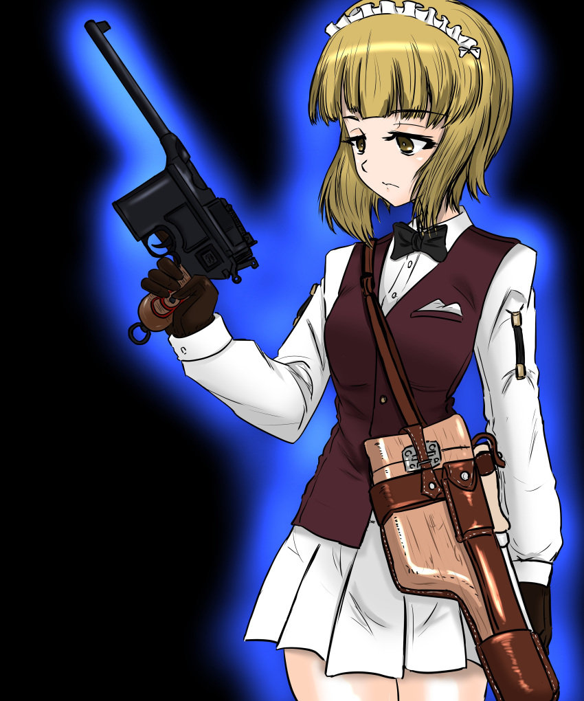 1girl absurdres arm_garter bangs bartender black_gloves black_neckwear blonde_hair blunt_bangs bob_cut bow bowtie brown_eyes brown_vest closed_mouth commentary cutlass_(girls_und_panzer) dress_shirt eyebrows_visible_through_hair frown girls_und_panzer gloves gun half-closed_eyes handgun handkerchief highres holding holding_gun holding_weapon holster long_sleeves maid_headdress mauser_c96 miniskirt moesenyukikaze pleated_skirt school_uniform shirt short_hair skirt solo standing vest weapon white_shirt white_skirt wing_collar