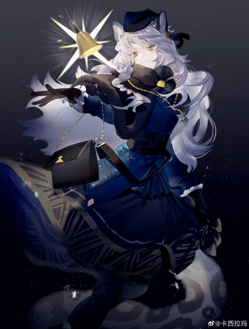 absurdres animal_ear_fluff animal_ears arknights bag bell black_gloves gloves hat highres leopard_ears leopard_tail long_hair long_skirt looking_at_viewer pramanix_(arknights) pramanix_(caster's_frost)_(arknights) shoulder_bag shuiyaoximushi silver_hair skirt smile tail yellow_eyes