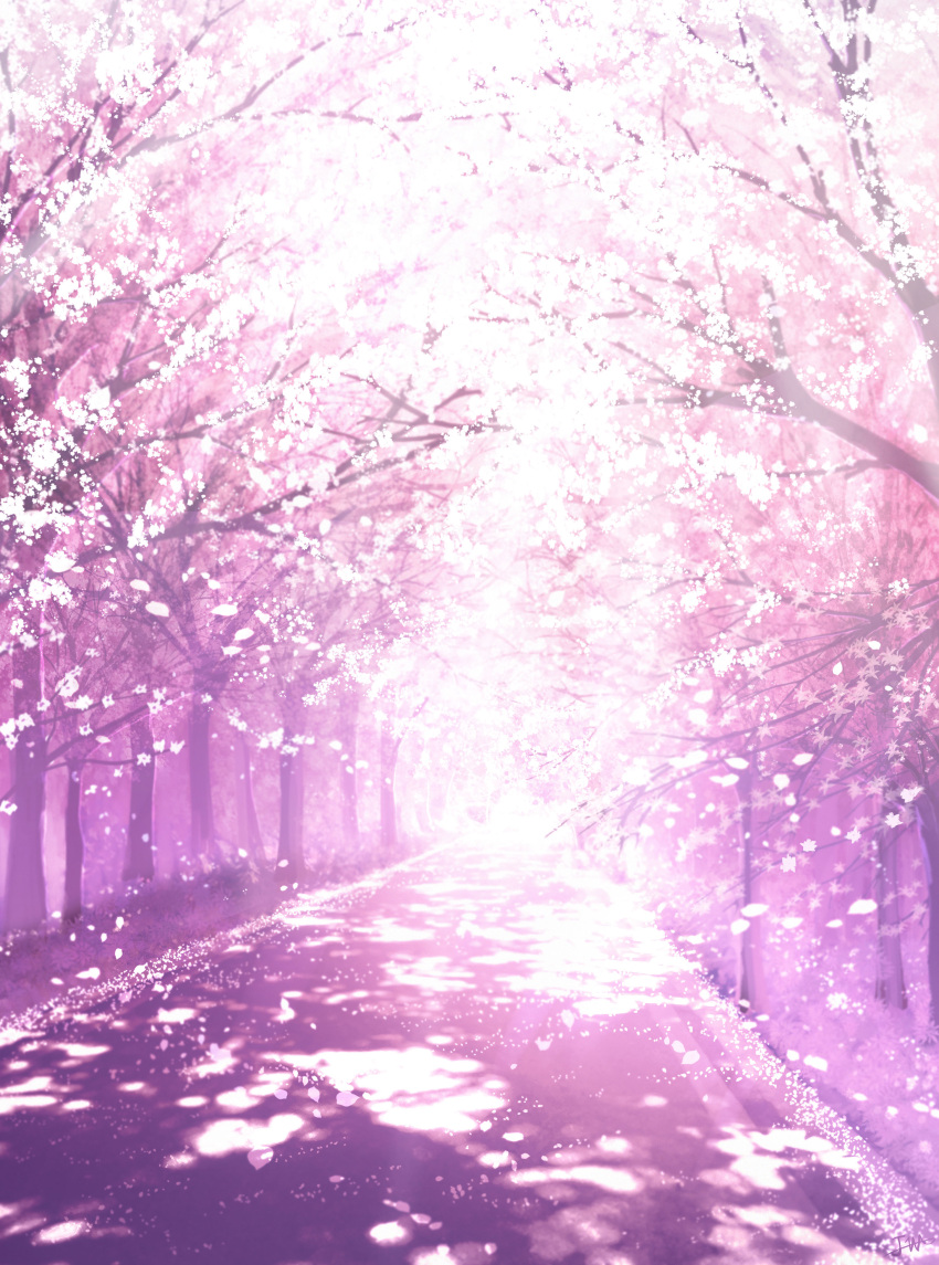 absurdres cherry_blossoms commentary dappled_sunlight highres light_particles no_humans original path petals pink_theme scenery skyrick9413 sunlight tree vanishing_point