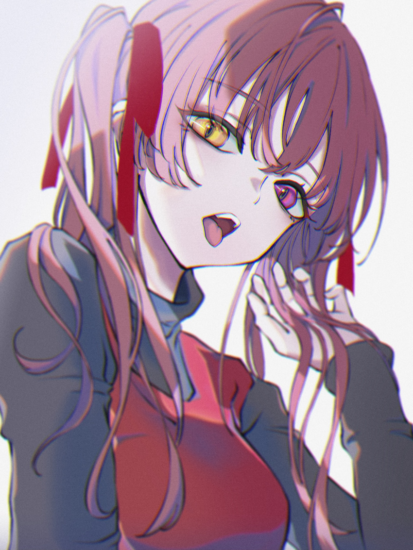 1girl :o alternate_costume bangs black_sweater chromatic_aberration eyebrows_visible_through_hair hair_behind_ear head_tilt heterochromia highres hololive houshou_marine looking_at_viewer natsume_hinako open_hand open_mouth red_eyes red_sweater redhead solo sweater tongue tongue_out turtleneck turtleneck_sweater twintails two-tone_sweater virtual_youtuber white_background yellow_eyes