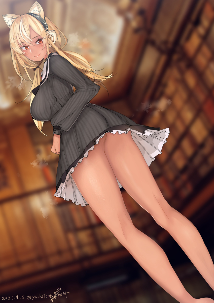 1girl absurdres animal_ears bangs bare_legs blonde_hair blurry blurry_background blush breasts cat_ears commentary_request dark_elf dark_skin dark-skinned_female dated dress elf feet_out_of_frame frilled_dress frills from_behind from_below headphones highres hololive indoors large_breasts legs long_hair long_sleeves looking_at_viewer looking_back official_alternate_costume pinstripe_dress pointy_ears red_eyes rib:y(uhki) shiny shiny_skin shiranui_flare short_dress sidelocks signature smile solo thighs twintails twitter_username virtual_youtuber