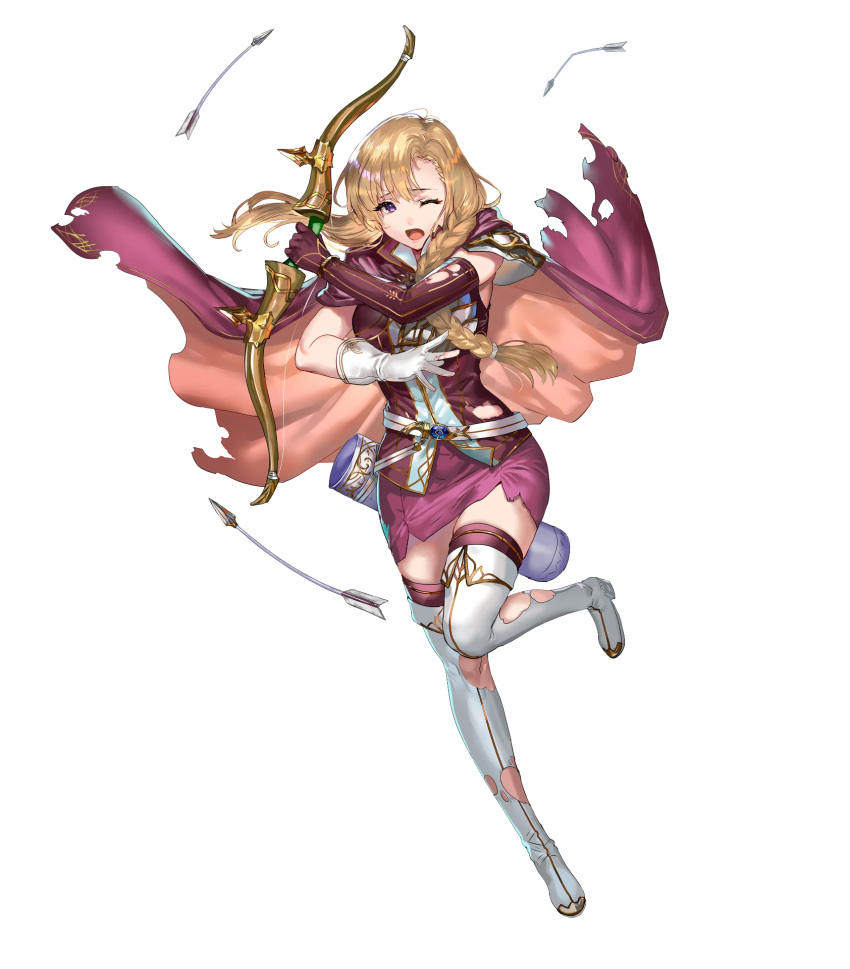 1girl armor arrow_(projectile) asymmetrical_gloves bangs belt blonde_hair boots bow_(weapon) braid cape elbow_gloves female fire_emblem fire_emblem:_the_blazing_blade fire_emblem_heroes full_body gloves gold_trim highres holding holding_bow_(weapon) holding_weapon leg_up long_hair looking_away louise_(fire_emblem) official_art one_eye_closed open_mouth purple_gloves purple_legwear quiver ran'ou_(tamago_no_kimi) shiny shiny_hair shoulder_armor simple_background skirt sleeveless solo thigh-highs thigh_boots thighhighs_under_boots tied_hair torn_clothes transparent_background violet_eyes weapon white_footwear white_gloves zettai_ryouiki