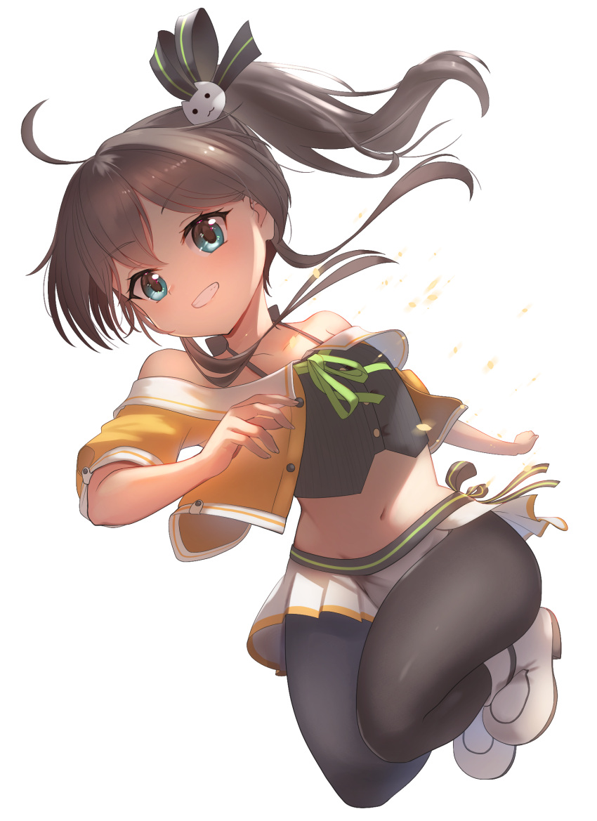 1girl ahoge bangs bare_shoulders black_camisole black_legwear black_ribbon blue_eyes boots brown_hair camisole cat_hair_ornament collarbone crop_top cropped_jacket foreshortening full_body green_neckwear grin hair_between_eyes hair_ornament hair_ribbon halterneck highres hololive jacket looking_at_viewer miniskirt natsuiro_matsuri navel neck_ribbon nekuro_(tamakooji) off-shoulder_jacket orange_jacket pantyhose pinstripe_camisole pleated_skirt ribbon short_hair short_sleeves side_ponytail side_slit skirt smile solo spaghetti_strap v-shaped_eyebrows virtual_youtuber white_background white_footwear white_skirt