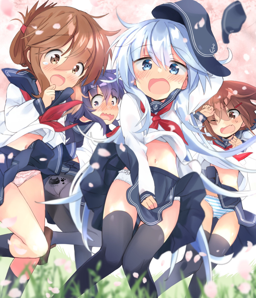 4girls absurdres akatsuki_(kancolle) anchor_symbol animal_print badge black_legwear black_sailor_collar blue_eyes blush brown_hair flat_cap floating_hair folded_ponytail frilled_panties frills hair_between_eyes hair_ornament hairclip hat hibiki_(kancolle) highres hizuki_yayoi ikazuchi_(kancolle) inazuma_(kancolle) kantai_collection kneehighs long_hair long_sleeves medium_hair messy_hair multiple_girls neckerchief one_eye_closed panties pantyhose pantyshot paw_print petals pleated_skirt purple_hair red_neckwear sailor_collar school_uniform serafuku silver_hair skirt striped striped_panties sweat sweatdrop tears thigh-highs underwear upskirt violet_eyes wind wind_lift