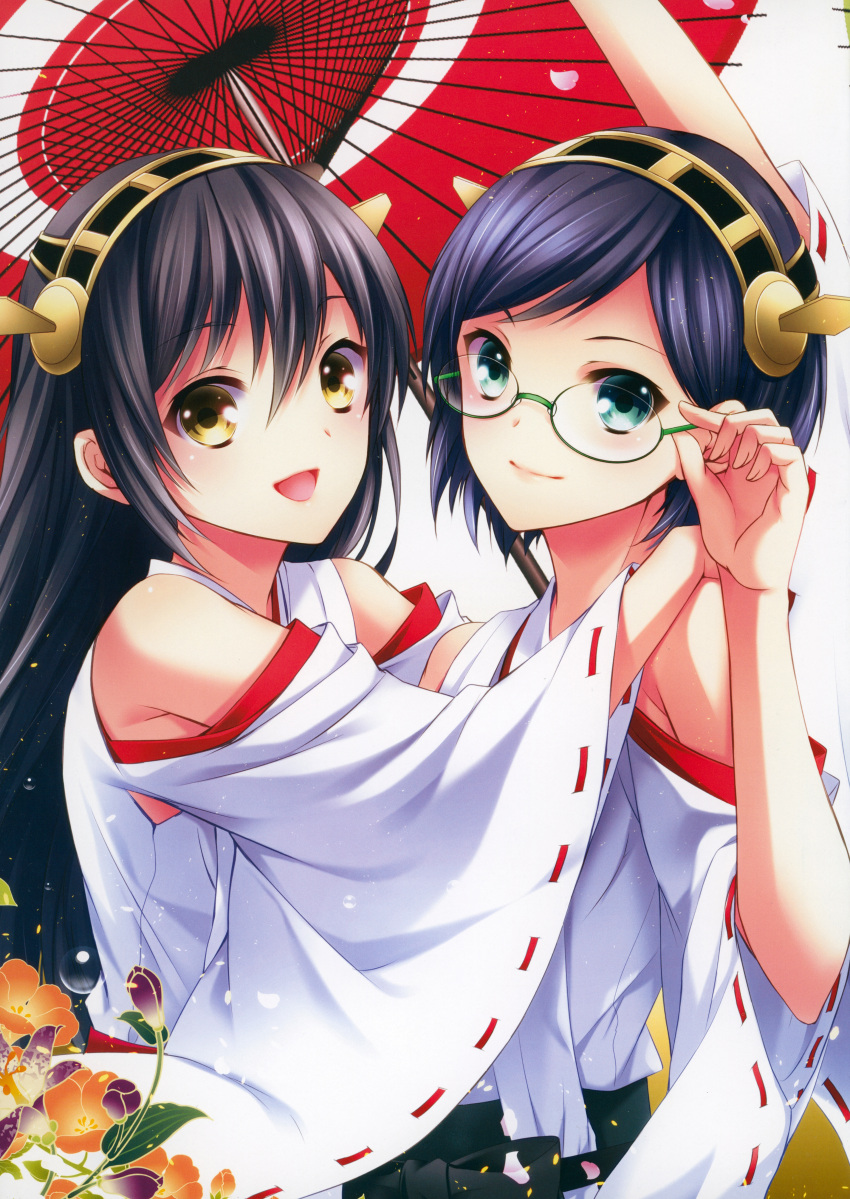 2girls absurdres adjusting_eyewear aqua_eyes bangs bare_shoulders black_hair blush brown_eyes closed_mouth fingernails flower glasses green-framed_eyewear hair_ornament haruna_(kancolle) highres huge_filesize japanese_clothes kantai_collection kirishima_(kancolle) lips looking_at_viewer multiple_girls oil-paper_umbrella open_mouth petals ringo_ame scan shiny shiny_hair shiny_skin simple_background smile umbrella upper_body wide_sleeves