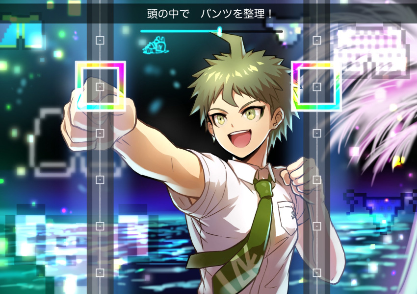 1boy :d ahoge bangs breast_pocket brown_hair clenched_hands collared_shirt dangan_ronpa_(series) dangan_ronpa_2:_goodbye_despair green_eyes green_hair green_neckwear hands_up highres hinata_hajime male_focus necktie ocean open_mouth outstretched_arm pixels pocket print_neckwear shirt short_hair short_sleeves smile solo tagme teeth translation_request upper_body upper_teeth white_shirt youko-shima