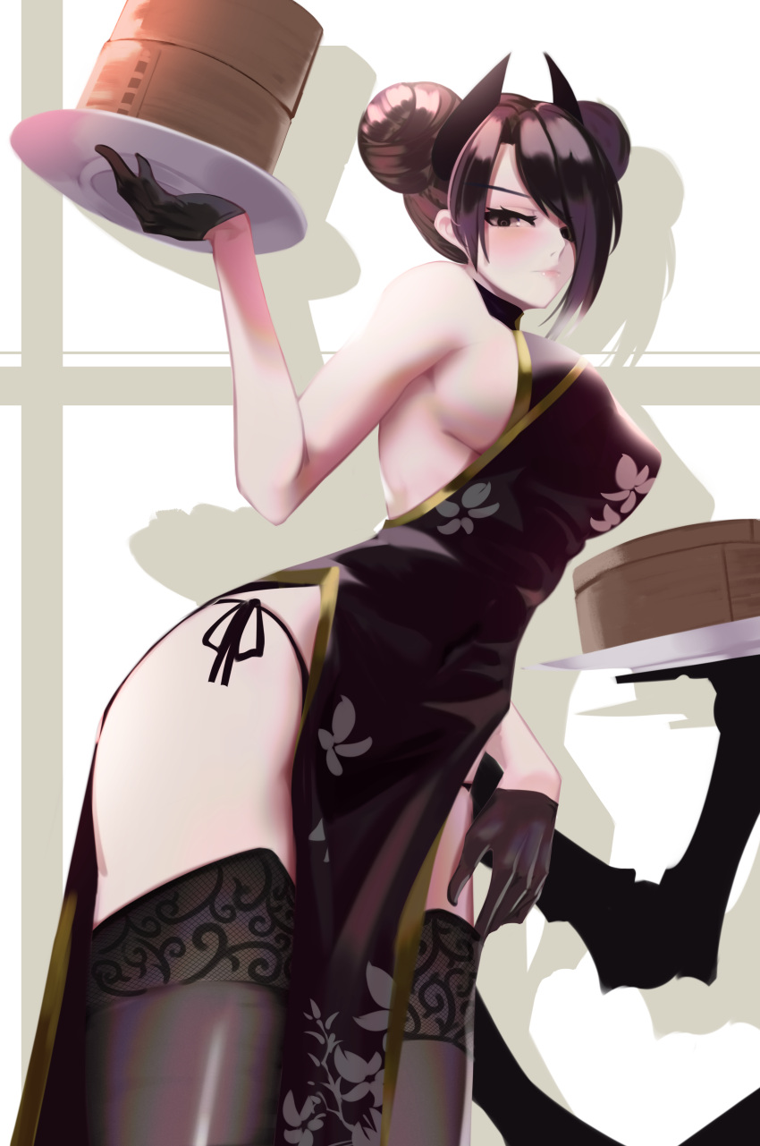 1girl absurdres agent_(girls_frontline) alternate_costume ass asymmetrical_hair bamboo_steamer black_dress black_gloves black_hair black_legwear blush breasts china_dress chinese_clothes closed_mouth cowboy_shot double_bun dress drop_shadow eyelashes floral_print girls_frontline gloves gold_trim hair_over_one_eye highres holding holding_plate huge_filesize lace-trimmed_legwear lace_trim legs lips looking_at_viewer mechanical_arms mundane_utility no_bra ohc. paisley panties plate sangvis_ferri short_hair_with_long_locks side-tie_panties sideboob solo thigh-highs thighs tray underwear yellow_eyes