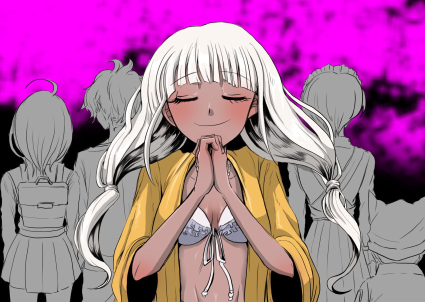 1boy 3girls ahoge akamatsu_kaede amami_rantarou animal_ears bangs bikini blunt_bangs blush breasts cat_ears collarbone commentary_request dangan_ronpa_(series) dangan_ronpa_v3:_killing_harmony dark_skin eyebrows_visible_through_hair facing_viewer fake_animal_ears frilled_bikini frills from_behind hands_clasped hat height_difference highres hoshi_ryouma jacket jewelry long_hair long_sleeves low_twintails maid maid_headdress medium_hair miniskirt multiple_girls necklace open_clothes open_jacket own_hands_together pink_background pleated_skirt shirt short_hair skirt small_breasts smile solo_focus spoilers swimsuit tansug_(tansuk88) toujou_kirumi twintails upper_body vest white_hair wide_sleeves yellow_jacket yonaga_angie