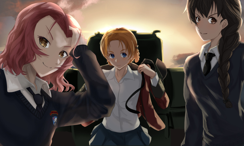 3girls adjusting_clothes backlighting bangs black_neckwear black_ribbon blue_eyes blue_skirt blue_sweater braid braided_ponytail brown_eyes brown_hair closed_mouth clouds cloudy_sky commentary_request dress_shirt emblem girls_und_panzer hair_over_shoulder hair_ribbon highres holding_necktie jacket light_frown long_hair long_sleeves looking_at_viewer medium_hair miniskirt multiple_girls necktie necktie_removed nmz_zmn open_clothes open_jacket orange_hair orange_pekoe_(girls_und_panzer) orange_sky parted_bangs partial_commentary pleated_skirt red_jacket redhead ribbon rosehip_(girls_und_panzer) rukuriri_(girls_und_panzer) school_uniform shirt short_hair single_braid skirt sky smile st._gloriana's_(emblem) st._gloriana's_military_uniform st._gloriana's_school_uniform standing sunset sweater tied_hair twin_braids v-neck white_shirt wing_collar