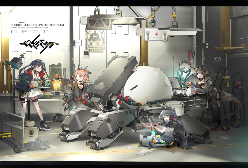 1boy 4girls absurdres animal_ears arknights bandeau bangs black_choker black_hair black_jacket blue_hair can cat_ears choker closure_(arknights) computer english_text eunectes_(arknights) eyebrows_visible_through_hair gloves goggles goggles_on_head green_eyes hair_between_eyes highres holding holding_can indoors infection_monitor_(arknights) jacket jessica_(arknights) lancet-2_(arknights) lanyard laptop long_hair long_sleeves looking_ahead looking_at_another looking_at_viewer medium_hair multiple_girls open_clothes open_jacket open_mouth penguin_logistics_logo pinecone_(arknights) pointy_ears ponytail red_eyes robot shinnasuka025 shirt smile spot_(arknights) tail white_shirt workshop