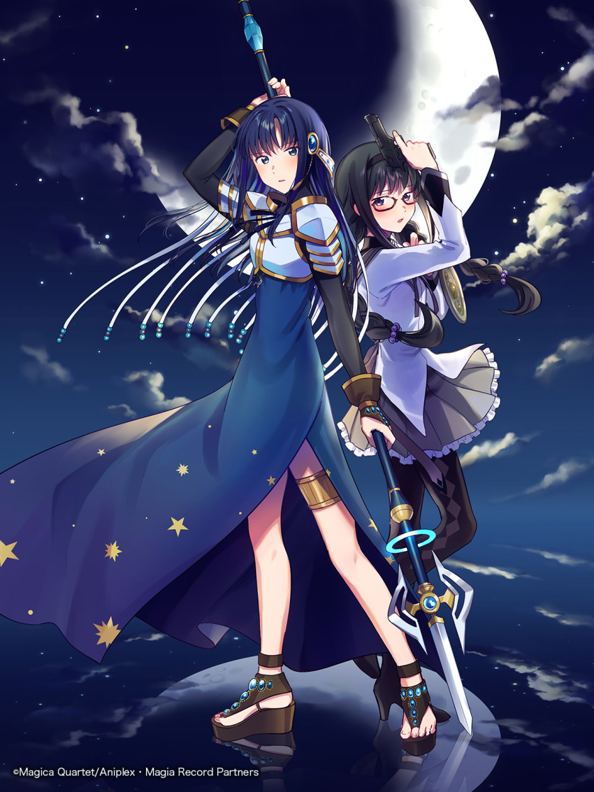 2girls akemi_homura aniplex ankle_strap argyle argyle_legwear arm_at_side arm_behind_head arm_up armor back-to-back beads black_footwear black_hair black_hairband black_legwear blue_dress blue_eyes blue_hair braid bridal_gauntlets brown_gloves clouds cloudy_sky commentary_request copyright_name cover cover_page crescent_moon dark_clouds dress eyebrows_visible_through_hair eyes_visible_through_hair fighting_stance frilled_skirt frills fuji_fujino full_body glasses gloves glowing grey_skirt gun hair_bobbles hair_ornament hairband halberd hand_up handgun height_difference high_heels highres holding holding_gun holding_polearm holding_weapon jewelry jitome light_blush long_dress long_hair long_sleeves magia_record:_mahou_shoujo_madoka_magica_gaiden mahou_shoujo_madoka_magica moon moon_necklace moonlight multiple_girls nanami_yachiyo necklace night night_sky official_art pantyhose parted_lips pauldrons pistol platform_footwear pleated_skirt polearm red-framed_eyewear reflection reflective_floor sandals serious shield shoes shoulder_armor side_slit sideways_glance skirt sky soul_gem standing star_(sky) star_(symbol) star_print starry_sky tassel thighlet toenails tsurime twin_braids violet_eyes weapon