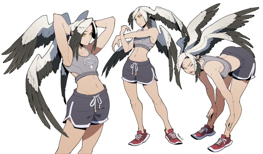 1girl arms_behind_head bare_shoulders black_feathers dolphin_shorts english_commentary eye_symbol feathered_wings feathers grey_shorts hands_on_own_legs head_wings leaning_forward midriff multiple_views navel original pikat pointy_ears red_footwear shoelaces shoes shorts simple_background sleeveless sneakers sports_bra sportswear stretch sweat white_background white_feathers wings yellow_eyes