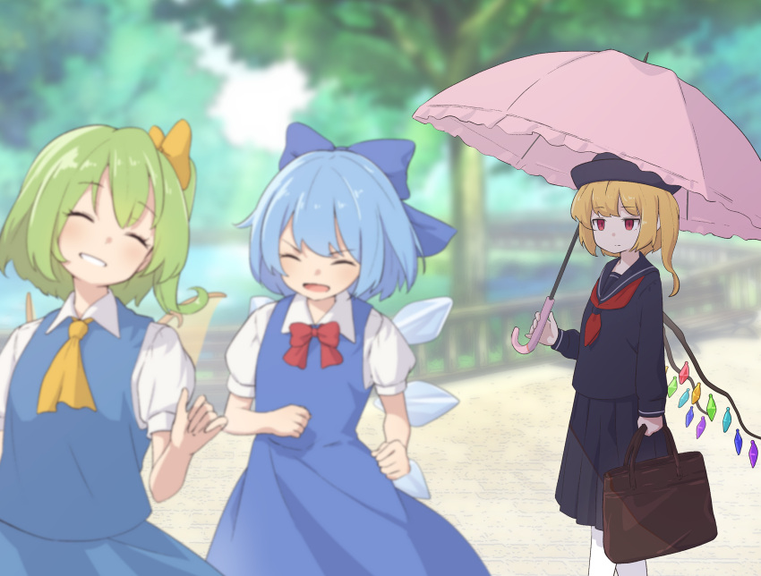 3girls alternate_costume alternate_headwear ascot bag bangs black_headwear black_sailor_collar black_serafuku blonde_hair blue_bow blue_dress blue_hair blue_wings blurry blurry_background blurry_foreground blush bow bowtie cirno closed_eyes closed_mouth collared_shirt cowboy_shot crystal daiyousei day depth_of_field dress expressionless eyebrows_visible_through_hair fairy_wings feet_out_of_frame flandre_scarlet green_hair hair_bow happy highres holding holding_bag holding_umbrella ice ice_wings jitome kanpa_(campagne_9) lake laughing long_sleeves medium_hair medium_skirt multiple_girls neckerchief necktie one_side_up open_mouth outdoors pinafore_dress pleated_skirt puffy_short_sleeves puffy_sleeves railing red_bow red_eyes red_neckwear sailor_collar satchel school_uniform serafuku shade shirt short_hair short_sleeves side_ponytail sidelocks skirt smile sunlight touhou transparent_wings tree umbrella v-shaped_eyebrows white_legwear white_shirt wing_collar wings yellow_neckwear