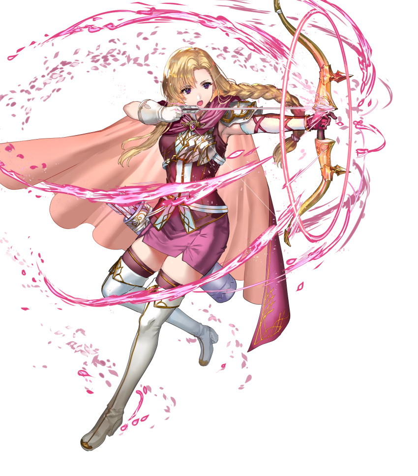 1girl armor armpits arrow_(projectile) asymmetrical_gloves bangs blonde_hair boots bow_(weapon) braid cape elbow_gloves fire_emblem fire_emblem:_the_blazing_blade fire_emblem_heroes full_body gloves glowing glowing_weapon highres holding holding_bow_(weapon) holding_weapon long_hair looking_away louise_(fire_emblem) official_art open_mouth purple_legwear quiver ran'ou_(tamago_no_kimi) shiny shiny_hair shoulder_armor simple_background skirt sleeveless solo thigh-highs thigh_boots tied_hair transparent_background violet_eyes weapon white_footwear white_gloves zettai_ryouiki