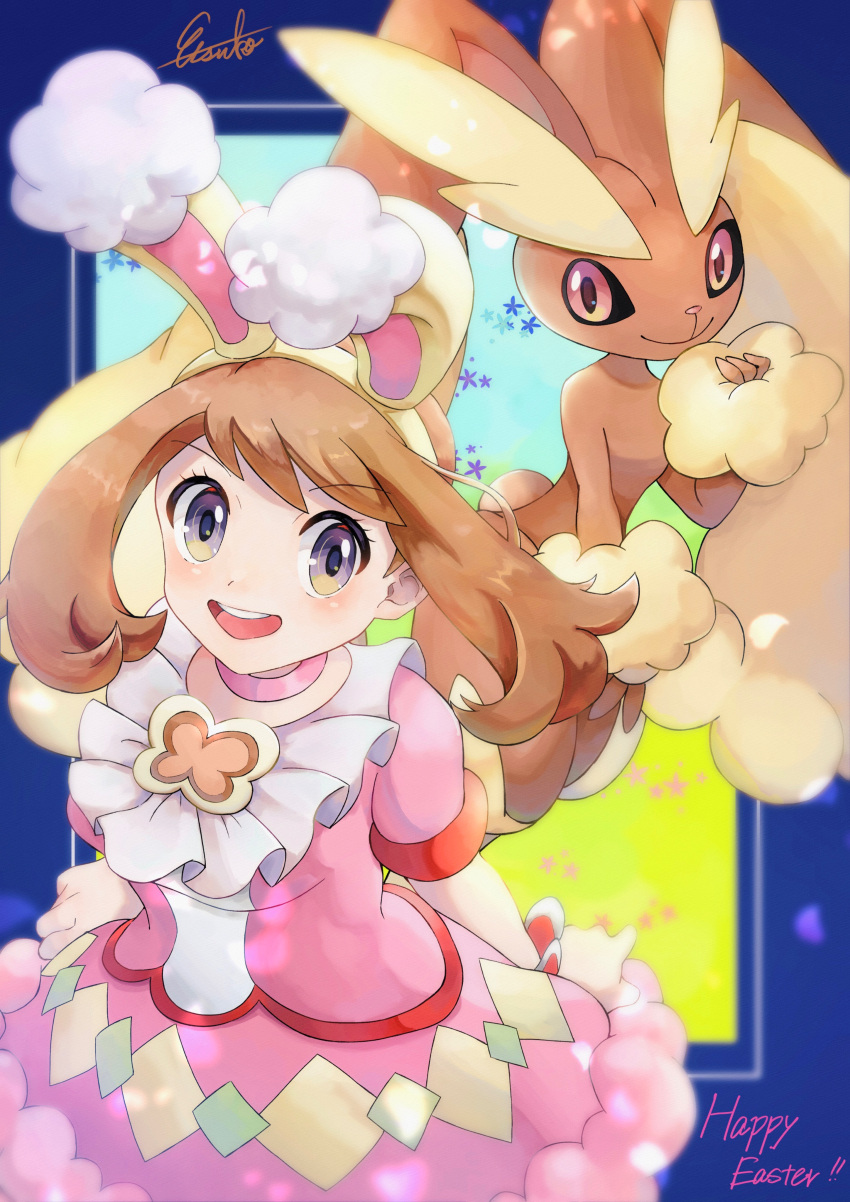 1girl :d absurdres animal_ears breasts brown_hair closed_mouth dress easter etsuko_pkmn fake_animal_ears gen_4_pokemon grey_eyes hairband happy_easter highres lopunny may_(pokemon) open_mouth pink_dress pokemon pokemon_(creature) pokemon_(game) pokemon_masters_ex rabbit_ears short_sleeves smile yellow_hairband