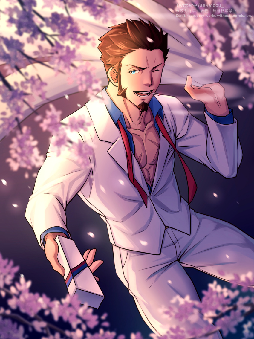 1boy absurdres alternate_costume blue_eyes brown_hair cherry_blossoms cigarette facial_hair fate/grand_order fate_(series) feet_out_of_frame formal goatee highres incoming_gift jacket long_sideburns long_sleeves looking_at_viewer male_cleavage male_focus mature_male napoleon_bonaparte_(fate) necktie necktie_removed one_eye_closed open_clothes open_shirt pants partially_unbuttoned pectorals petals repost_notice scar scar_on_chest short_hair sideburns smile solo suit toned toned_male white_day white_jacket white_pants white_suit yaosan233