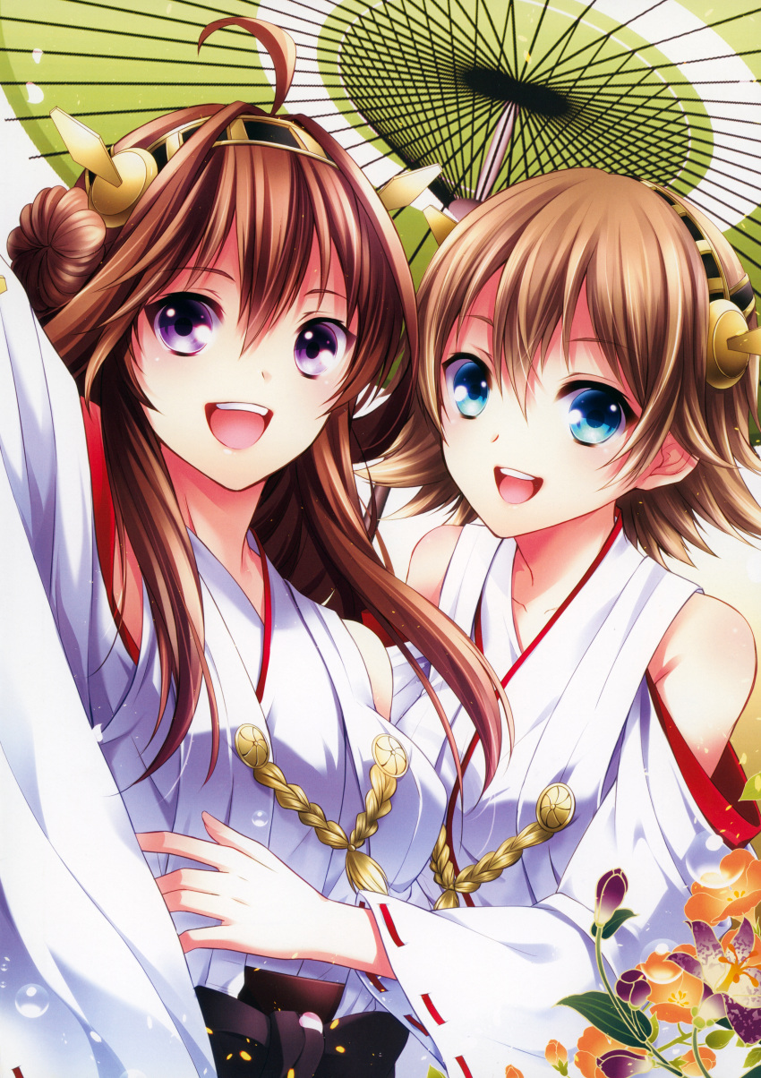2girls absurdres ahoge arm_up bangs bare_shoulders blue_eyes breasts brown_hair bubble collarbone flower hair_ornament hiei_(kancolle) highres huge_filesize japanese_clothes kantai_collection kongou_(kancolle) long_hair looking_at_viewer medium_breasts multiple_girls oil-paper_umbrella open_mouth ringo_ame scan shiny shiny_hair shiny_skin short_hair simple_background smile tied_hair umbrella upper_body violet_eyes wide_sleeves