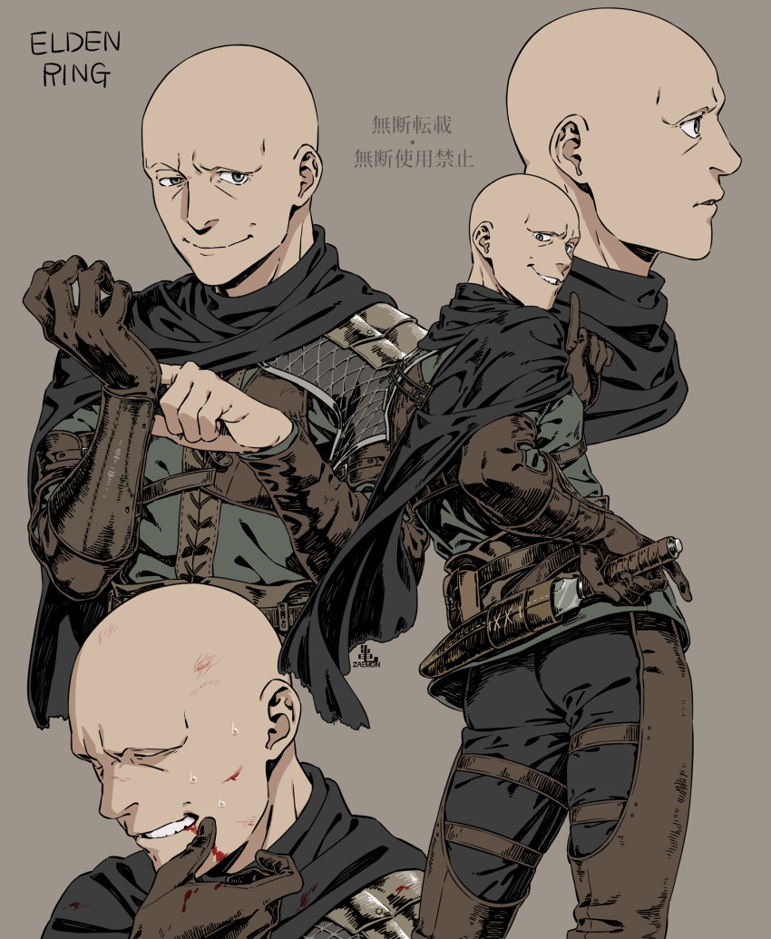 1boy ass bald black_pants black_scarf blood blood_from_mouth brown_background brown_gloves closed_mouth cropped_torso elden_ring gloves grin highres kamezaemon male_focus pants patches_(from_software) profile scarf simple_background smile teeth translation_request weapon
