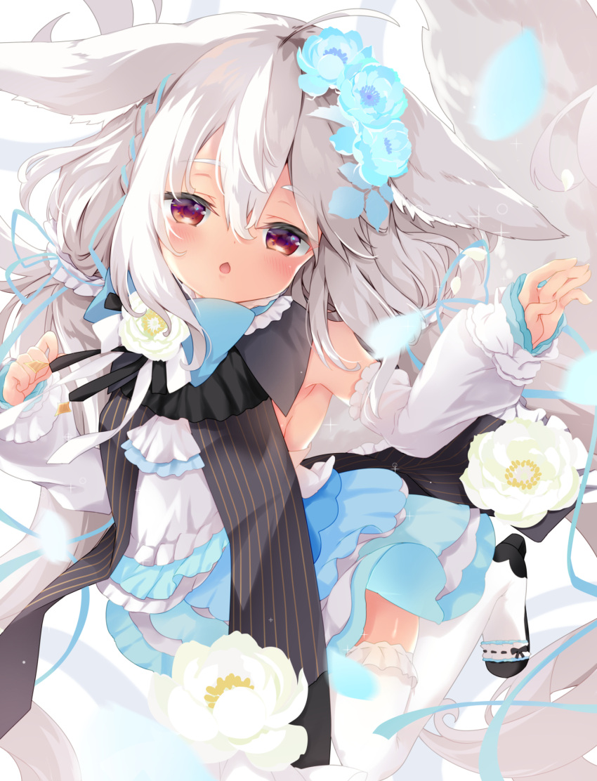 1girl ahoge animal_ears bangs bare_shoulders black_footwear blue_bow blue_flower blush bow chestnut_mouth commentary_request detached_sleeves dress eyebrows_visible_through_hair flower frilled_legwear grey_hair hair_between_eyes hair_flower hair_ornament high_heels highres long_hair long_sleeves looking_at_viewer natsuki_yuu_(amemizu) original parted_lips puffy_long_sleeves puffy_sleeves red_eyes shoes sleeveless sleeveless_dress sleeves_past_wrists solo thigh-highs white_dress white_flower white_legwear white_sleeves