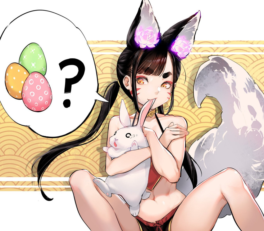 1girl animal animal_ears bangs bare_legs biting black_hair black_shorts chinese_clothes commentary dudou ear_biting easter_egg egg english_commentary fang flower fox_ears fox_girl fox_tail highres holding holding_animal hu-er_(robot_cat) knees_up long_hair looking_at_animal looking_down navel orange_eyes original purple_flower rabbit robot_cat short_shorts shorts sidelocks sitting solo spread_legs stomach tail thick_eyebrows twintails whisker_markings