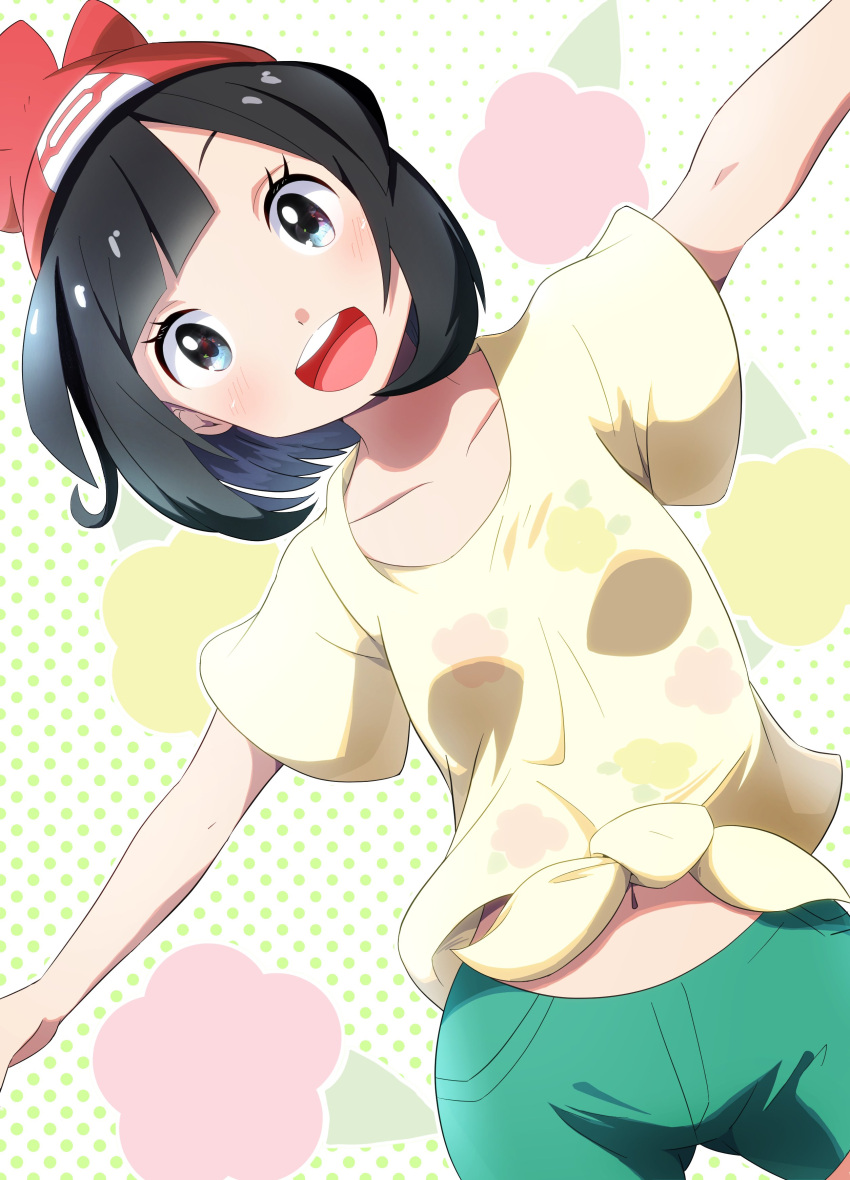 1girl absurdres ass_visible_through_thighs bangs beanie black_hair blue_eyes blunt_bangs blush collarbone contrapposto dutch_angle floral_background floral_print happy hat highres looking_at_viewer midriff navel negimiso1989 open_mouth outstretched_arms pokemon pokemon_(game) pokemon_sm selene_(pokemon) shirt short_hair shorts smile solo tied_shirt