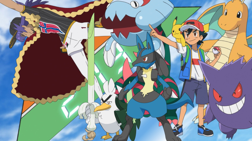 2boys ash_ketchum baseball_cap dog dracovish dragon dragonite gen_1_pokemon gen_4_pokemon gen_8_pokemon gengar ghost hat highres leon_(pokemon) lucario multiple_boys pikachu poke_ball pokemon shield shoes shorts sirfetch'd sneakers