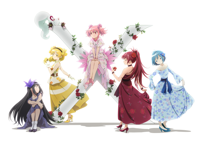 5girls absurdres akemi_homura alternate_costume alternate_hairstyle apple arm_at_side arm_support bare_arms bare_back bare_shoulders belt black_hair black_hairband blonde_hair blouse blue_dress blue_eyes blue_flower blue_footwear blue_hair braid breasts brown_belt camellia chewing closed_mouth collarbone commentary_request contrapposto creature dot_nose dress earrings eyebrows_visible_through_hair facing_viewer flat_chest floral_print flower flower_request food formal frills from_behind fruit full_body fur-trimmed_shirt fur_trim gloves grey_footwear grin hair_between_eyes hair_flower hair_ornament hairband half-closed_eyes hand_up hands_on_lap hands_on_own_knees head_tilt high_collar high_heels high_ponytail highres holding holding_food holding_fruit jewelry kaname_madoka kyubey leaf legs_together light_blush light_smile lineup long_dress long_hair long_skirt long_sleeves looking_afar looking_at_another looking_back looking_down looking_up mahou_shoujo_madoka_magica medium_breasts miki_sayaka multiple_girls off-shoulder_dress off_shoulder official_art parted_lips pink_dress pink_eyes pink_footwear pink_hair pink_scrunchie plant ponytail profile purple_dress purple_flower red_flower red_footwear red_rose redhead ring roman_numeral rose sakura_kyouko scrunchie shadow shiny shiny_hair shirt shoes short_hair short_sleeves short_twintails shoulder_blades side_braid sideboob sidelocks sitting skirt skirt_hold sleeveless sleeveless_blouse smile socks spiky_hair standing straight_hair taniguchi_jun'ichirou tareme tomoe_mami transparent_background twintails v_arms waist_cape white_gloves white_legwear wide_sleeves wristband yellow_eyes yellow_flower yellow_footwear yellow_skirt
