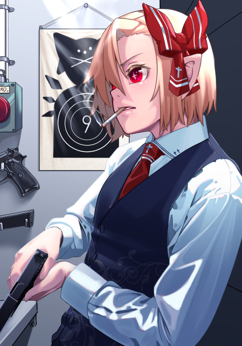 1girl adapted_costume black_vest blonde_hair bow cigarette collared_shirt commentary_request cross gun hair_bow handgun highres indoors long_sleeves magazine_(weapon) mikazato necktie pointy_ears red_button red_eyes red_neckwear rumia shirt short_hair smoking solo symbol-shaped_pupils touhou vest weapon white_shirt