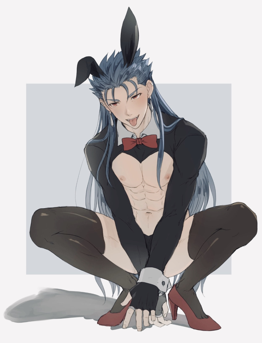 1boy abs animal_ears bangs blue_hair bow bowtie commentary_request crossdressinging cu_chulainn_(fate)_(all) earrings fake_animal_ears fangs fate/stay_night fate_(series) grey_background high_heels highres jewelry long_hair looking_at_viewer male_focus meme_attire mondi_hl navel nipples open_mouth rabbit_ears red_bow red_eyes red_footwear reverse_bunnysuit reverse_outfit shoes solo squatting thigh-highs tongue tongue_out two-tone_background white_background