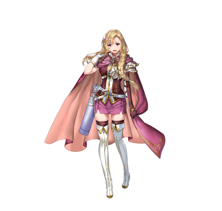 1girl absurdres armor arrow_(projectile) asymmetrical_gloves bangs belt blonde_hair boots braid cape commentary_request elbow_gloves female fire_emblem fire_emblem:_the_blazing_blade fire_emblem_heroes full_body gloves highres holding holding_cape long_hair looking_at_viewer louise_(fire_emblem) miniskirt official_art open_mouth purple_legwear quiver ran'ou_(tamago_no_kimi) shiny shiny_hair shoulder_armor simple_background single_braid single_elbow_glove skirt sleeveless smile solo standing thigh-highs thigh_boots thighhighs_under_boots tied_hair violet_eyes white_background white_footwear zettai_ryouiki