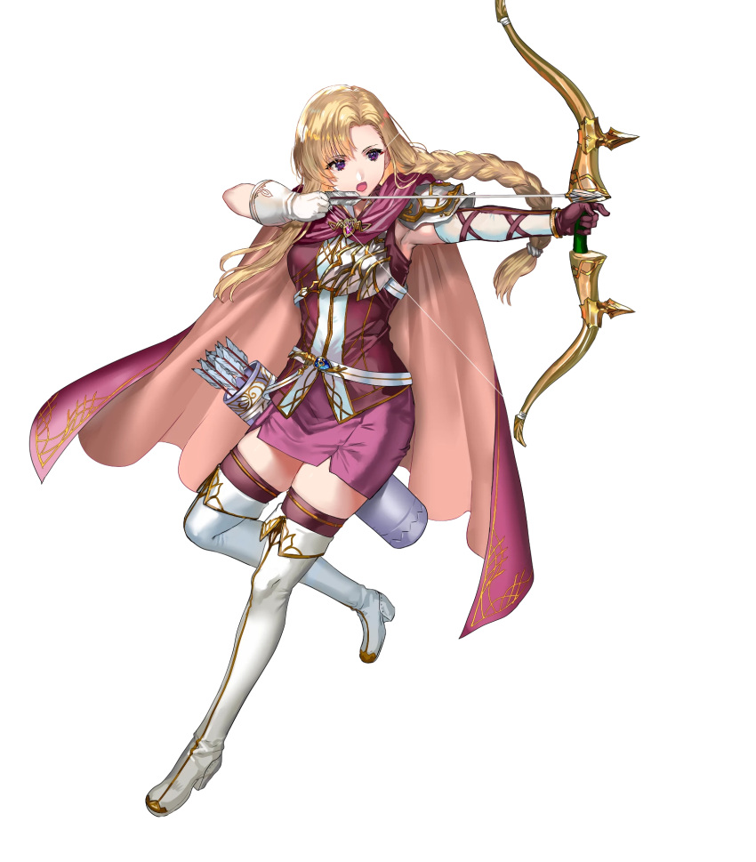 1girl archery armor armpits arrow_(projectile) asymmetrical_gloves bangs blonde_hair boots bow_(weapon) braid cape elbow_gloves female fire_emblem fire_emblem:_the_blazing_blade fire_emblem_heroes full_body gloves highres holding holding_bow_(weapon) holding_weapon long_hair looking_away louise_(fire_emblem) official_art open_mouth purple_legwear quiver ran'ou_(tamago_no_kimi) shiny shiny_hair shoulder_armor simple_background single_braid skirt sleeveless solo thigh-highs thigh_boots thighhighs_under_boots tied_hair transparent_background violet_eyes weapon white_footwear white_gloves zettai_ryouiki