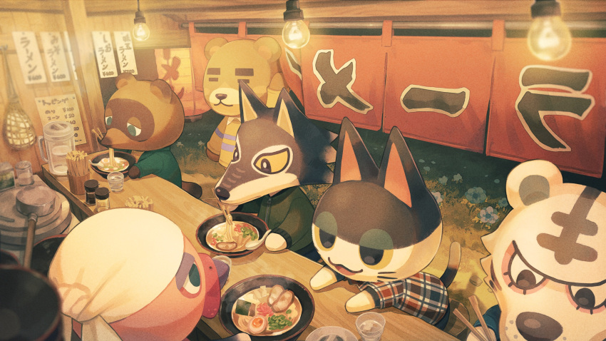 6+boys =_= animal_crossing arm_up bandana bear black_eyes cat chopsticks closed_eyes colored_sclera commentary counter cup drinking_glass eating food food_stand franklin_(animal_crossing) green_eyes green_jacket half-closed_eyes hanging_light highres holding holding_chopsticks hood hooded_jacket jacket lantern light_bulb lobo_(animal_crossing) male_focus multiple_boys night no_humans noodles noren paper_lantern pitcher plaid plaid_shirt punchy_(animal_crossing) ramen rolf_(animal_crossing) saino shirt spoon sweater symbol_commentary tanuki teddy_(animal_crossing) tiger tom_nook_(animal_crossing) turkey water wolf yatai yellow_sclera yellow_sweater