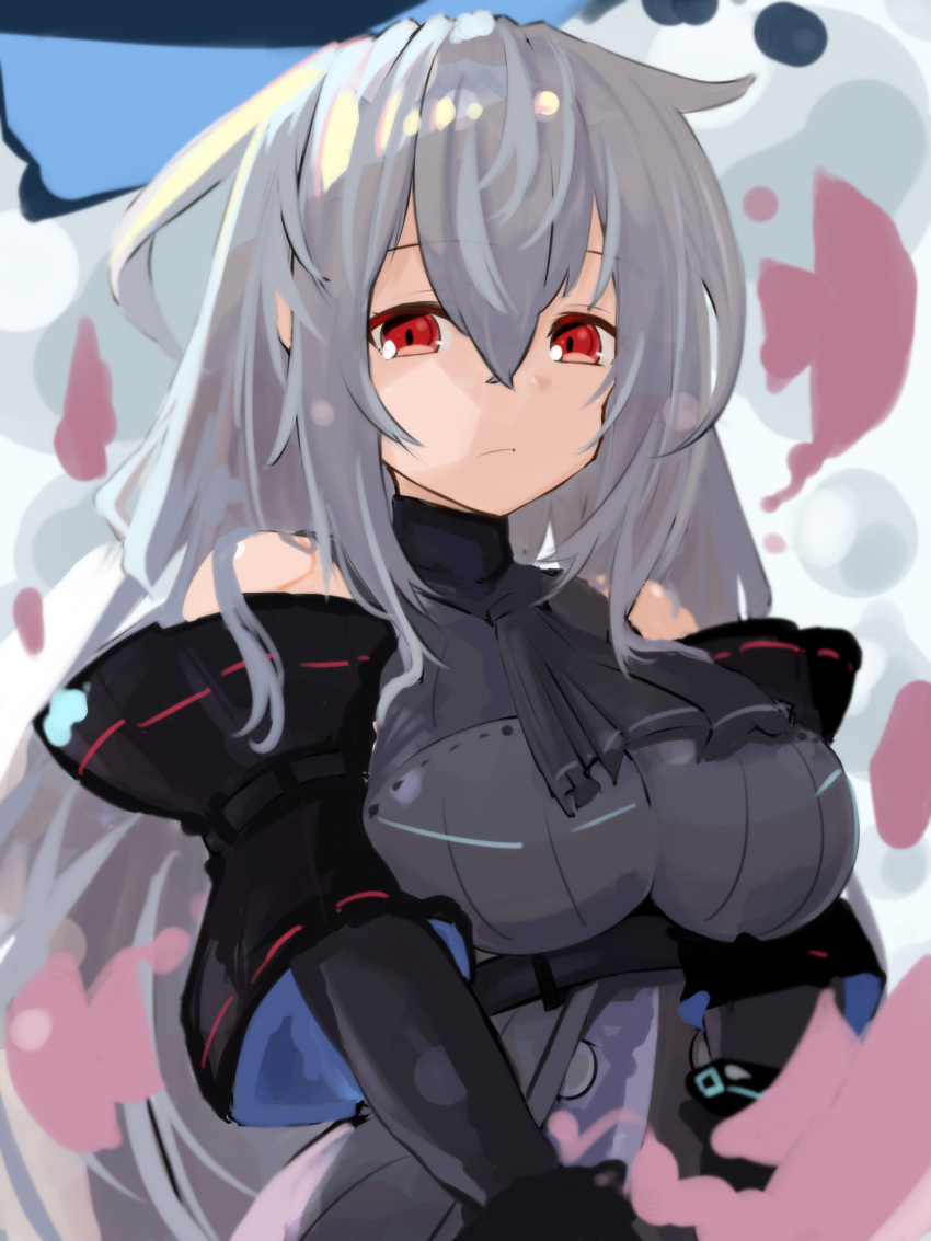 1girl arknights arm_cuffs ascot asususususu bangs bare_shoulders black_gloves black_headwear breasts commentary_request elite_ii_(arknights) gloves hair_between_eyes hat highres infection_monitor_(arknights) long_hair looking_at_viewer medium_breasts red_eyes silver_hair skadi_(arknights) solo upper_body very_long_hair