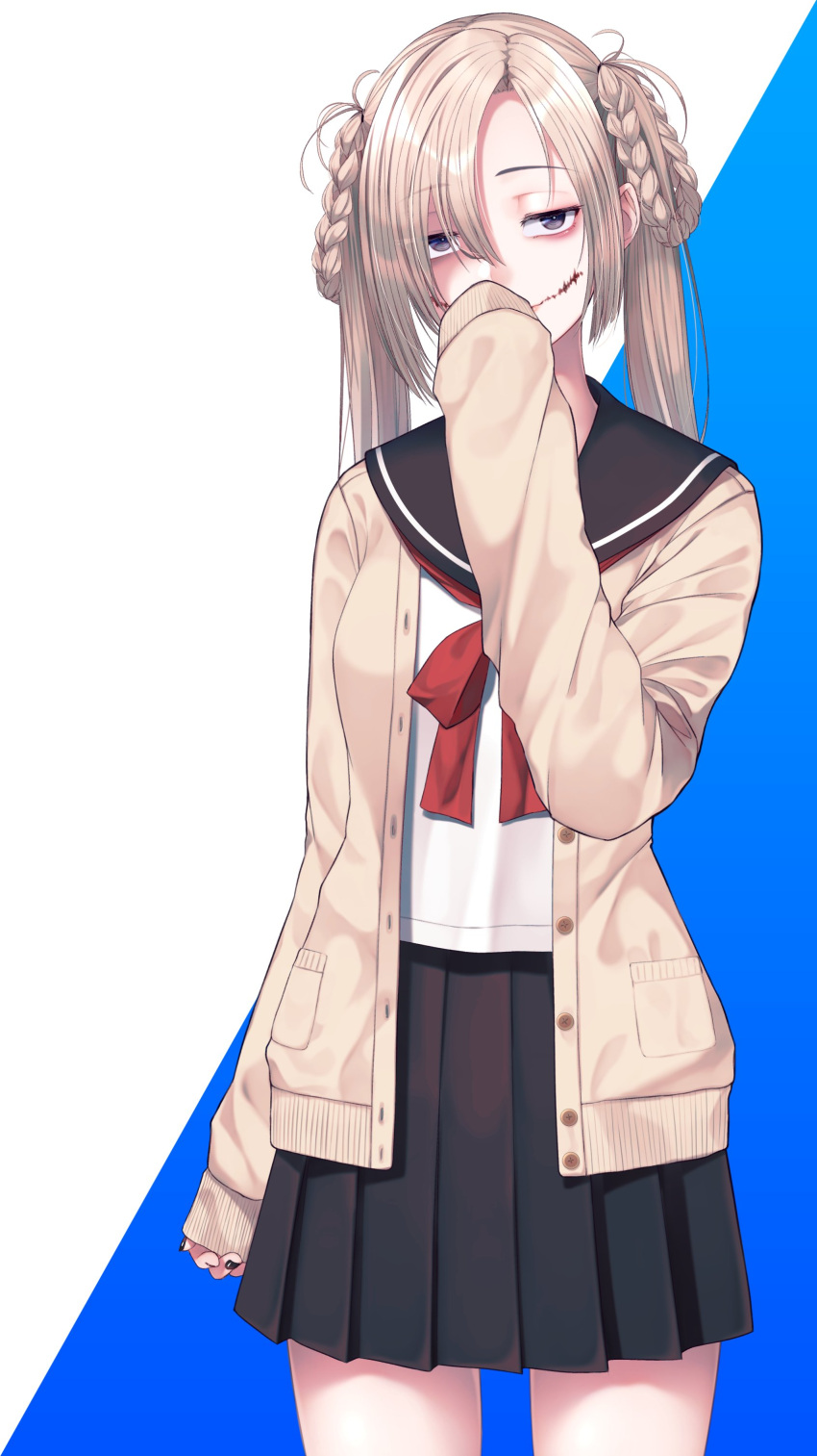 1girl absurdres blonde_hair braid covering_mouth eyebrows_visible_through_hair highres light_smile looking_at_viewer nishinomiya_suzu scar scar_on_face school_uniform solo standing stitched_face sweater twintails urasekai_picnic urumi_luna