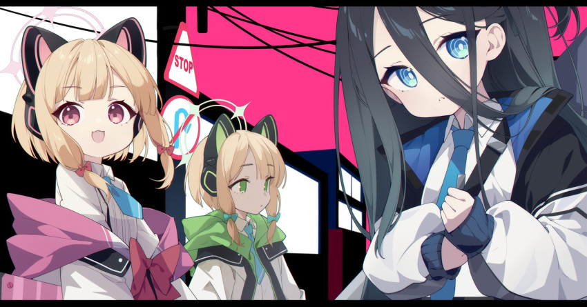 3girls aka_kan arisu_(blue_archive) blonde_hair blue_archive blue_eyes cat_ear_headphones dark_blue_hair green_eyes hair_between_eyes hair_ribbon headphones highres jacket long_hair looking_at_viewer midori_(blue_archive) momoi_(blue_archive) multiple_girls necktie open_mouth portrait red_eyes ribbon school_uniform short_hair sidelocks twintails