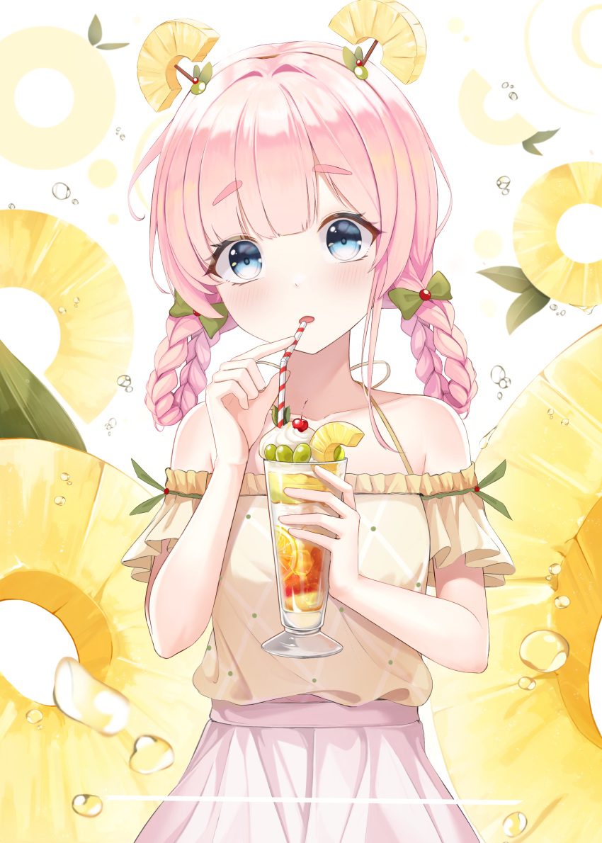1girl :o absurdres bangs bare_shoulders blue_eyes blush bow braid breasts cherry collarbone cream drinking_straw eyebrows_visible_through_hair food food_themed_hair_ornament fruit g_home glass green_bow hair_bow hair_ornament halterneck hands_up highres holding lemon looking_at_viewer off-shoulder_shirt off_shoulder original pineapple_hair_ornament pineapple_slice pink_hair pink_skirt pleated_skirt shirt shirt_tucked_in skirt small_breasts solo striped symbol_commentary twin_braids water_drop