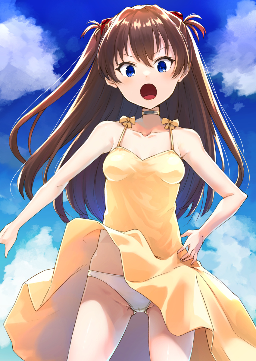 1girl :o ass_visible_through_thighs bangs bare_arms bare_shoulders blue_eyes blue_sky breasts brown_hair cardigan clouds collarbone commentary_request day dress dress_lift eyebrows_visible_through_hair grey_cardigan groin hair_between_eyes hand_on_hip highres long_hair looking_at_viewer medium_breasts neon_genesis_evangelion open_mouth outdoors panties sky sleeveless sleeveless_dress solo souryuu_asuka_langley tamaki_fuyu two_side_up underwear v-shaped_eyebrows very_long_hair white_panties wind wind_lift yellow_dress