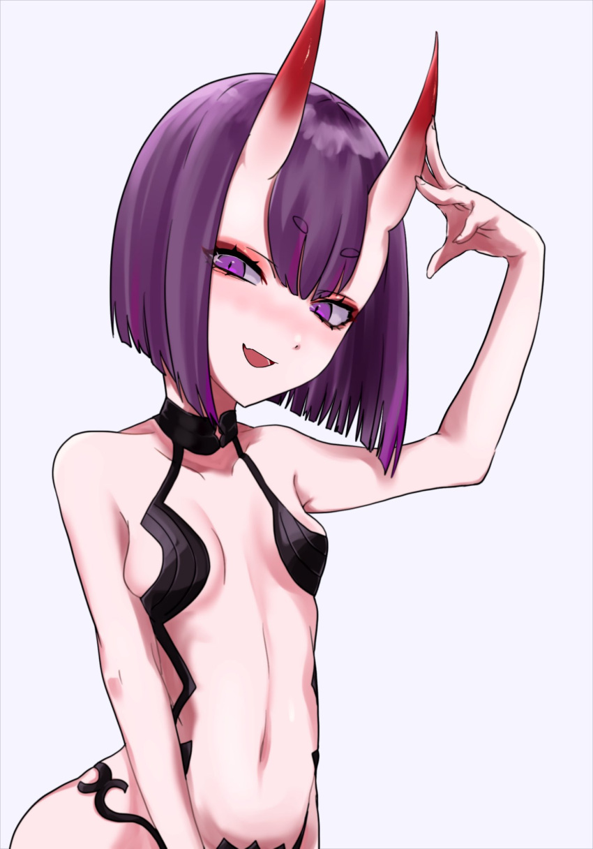 1girl bangs bare_shoulders bob_cut breasts collarbone eyeliner fate/grand_order fate_(series) highres horns looking_at_viewer makeup navel oni oni_horns open_mouth purple_hair revealing_clothes sasabe_opika short_hair shuten_douji_(fate) skin-covered_horns small_breasts smile violet_eyes