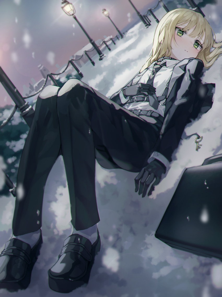 1girl absurdres black_footwear black_pants blazer blonde_hair blush boots closed_mouth dutch_angle formal gloves green_eyes han_seol highres jacket lamppost long_hair long_sleeves looking_at_viewer lying necktie on_back original outdoors pants shirt smile snow solo suit white_shirt