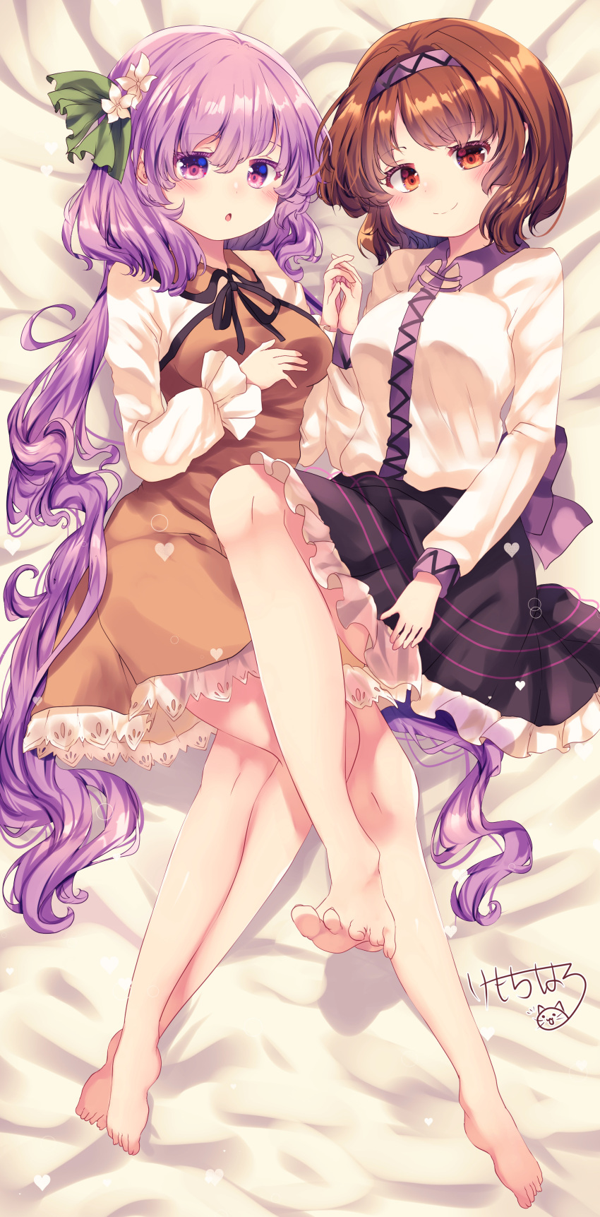 2girls :o absurdres bangs barefoot black_skirt blush brown_dress brown_eyes brown_hair commentary_request dress eyebrows_visible_through_hair flower hair_between_eyes hair_flower hair_ornament hair_ribbon hairband highres holding_hands kemo_chiharu layered_dress leg_lift legs_together long_sleeves looking_at_viewer low_twintails lying multiple_girls on_back on_bed partial_commentary petticoat purple_hair ribbon shirt short_hair short_hair_with_long_locks siblings signature sisters skirt smile touhou tsukumo_benben tsukumo_yatsuhashi twintails violet_eyes white_shirt