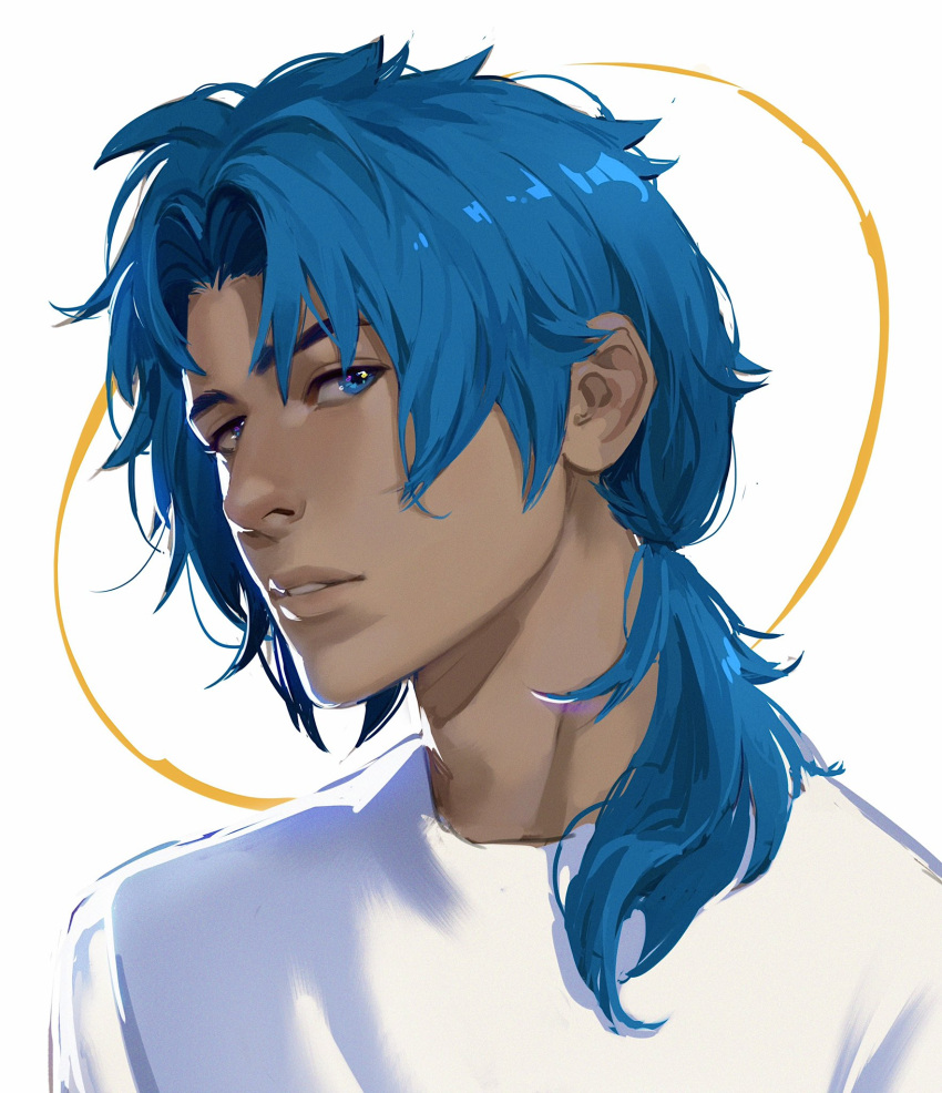 Safebooru - 1boy alternate skin color blue-haired boy (how to draw manga)  blue eyes blue hair blue shirt commentary dark skin dark skinned male  derivative work english commentary hair intakes highres how