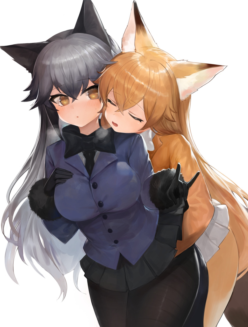 2girls animal_ears black_gloves black_hair black_neckwear black_skirt blonde_hair blush bow bowtie breasts brown_eyes dokomon eyebrows_visible_through_hair ezo_red_fox_(kemono_friends) fox_ears fox_shadow_puppet fox_tail fur-trimmed_sleeves fur_trim gloves gradient gradient_legwear grey_hair hair_between_eyes hand_under_clothes hand_under_skirt highres jacket kemono_friends large_breasts long_hair long_sleeves multicolored_hair multiple_girls open_mouth orange_jacket orange_legwear pantyhose pleated_skirt silver_fox_(kemono_friends) simple_background skirt tail white_background white_neckwear white_skirt yuri