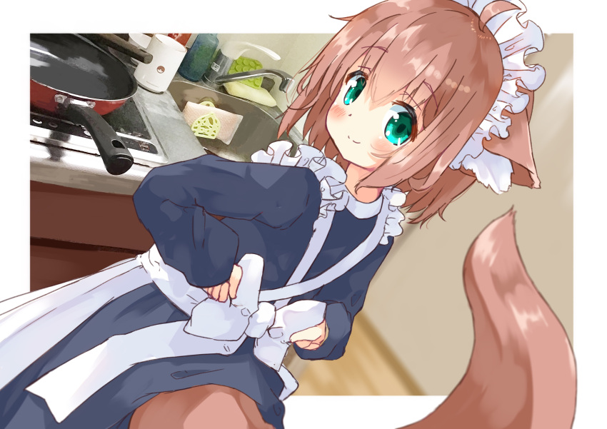 1girl absurdres animal_ear_fluff animal_ears apron bangs black_dress blush bow brown_hair closed_mouth commentary_request cup dress dutch_angle eyebrows_visible_through_hair faucet frilled_apron frills frying_pan green_eyes hair_between_eyes highres indoors long_sleeves looking_at_viewer looking_back maid maid_apron maid_headdress manabe_mana mug original puffy_long_sleeves puffy_sleeves sink sleeves_past_wrists smile solo tail_raised white_apron white_bow