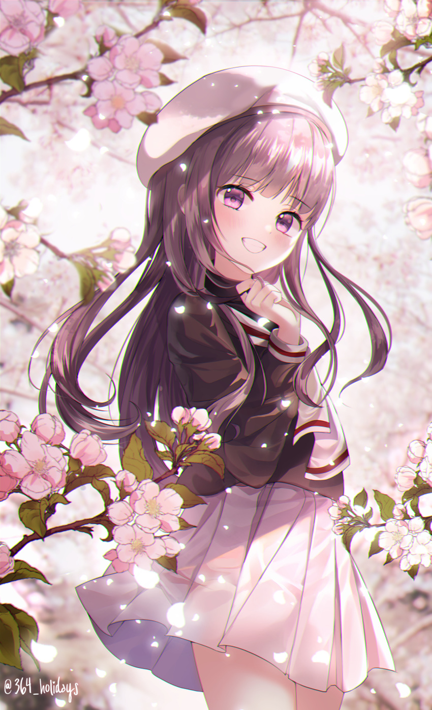1girl 364_holidays absurdres bangs beret black_shirt blurry blurry_background blush cardcaptor_sakura cherry_blossoms commentary_request daidouji_tomoyo depth_of_field eyebrows_visible_through_hair flower grin hand_up hat highres long_sleeves looking_at_viewer pink_flower pleated_skirt school_uniform shirt skirt smile solo spring_(season) tree_branch twitter_username violet_eyes white_headwear white_skirt